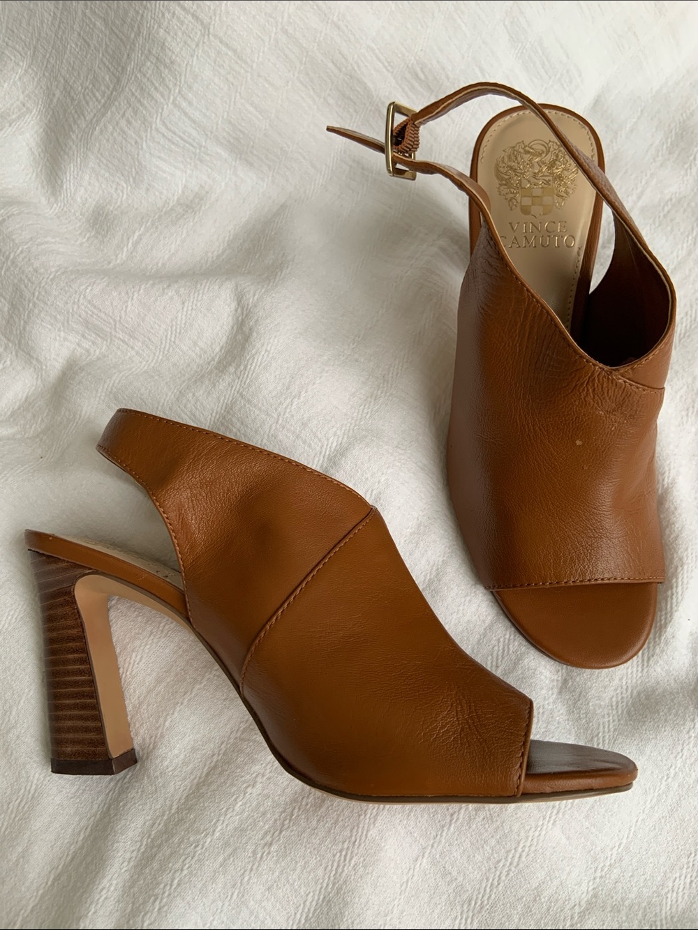 Vince Camuto Cognac Leather Open-Toe Slingback Heels